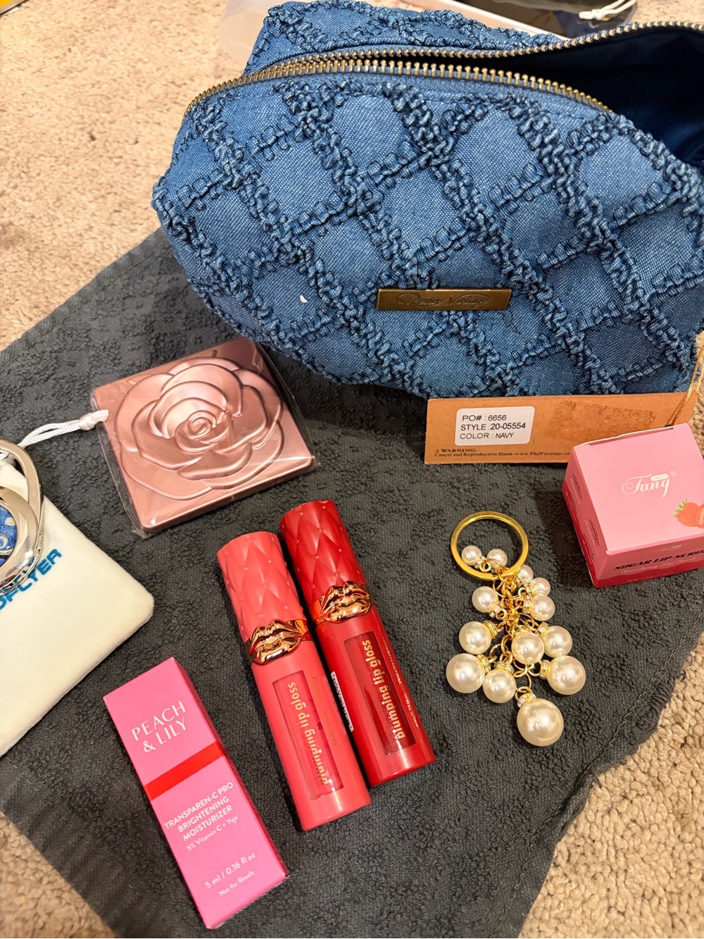 Peach Lip Tint Set with Red Lipsticks and Navy Cosmetic Pouch